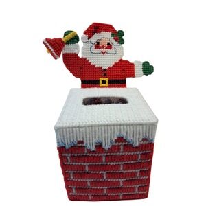 Vtg Handmade Needlepoint Plastic Canvas Christmas Tissue Box Cover Santa Chimney